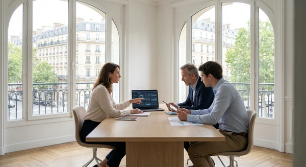 Groupe de trois &agrave; quatre professionnels d'&acirc;ges vari&eacute;s assis autour d'une table de r&eacute;union moderne dans un bureau lumineux, discutant et examinant ensemble des documents ou un &eacute;cran d'ordinateur portable affichant des graphiques et donn&eacute;es. L'atmosph&egrave;re est collaborative et concentr&eacute;e, refl&eacute;tant une s&eacute;ance d'accompagnement op&eacute;rationnel &agrave; l'int&eacute;gration de solutions d'IA en entreprise.