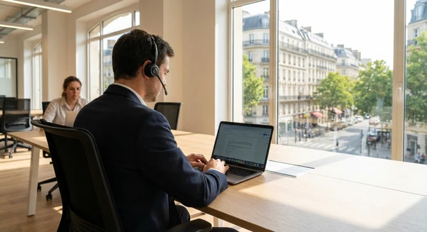 Photographie professionnelle montrant un professionnel ou une &eacute;quipe en train de suivre une formation en ligne depuis un espace de travail moderne. La personne est assise &agrave; un bureau avec un ordinateur portable, &eacute;couteurs ou casque, dans un environnement de bureau lumineux et contemporain. L'image doit transmettre l'accessibilit&eacute; de la formation &agrave; distance, l'engagement dans l'apprentissage, et la fluidit&eacute; de l'int&eacute;gration de l'IA dans les processus professionnels. L'arri&egrave;re-plan peut montrer un environnement d'entreprise ou un bureau ergonomique, mettant l'accent sur la formation digitale et la continuit&eacute; territoriale sans fronti&egrave;res physiques.