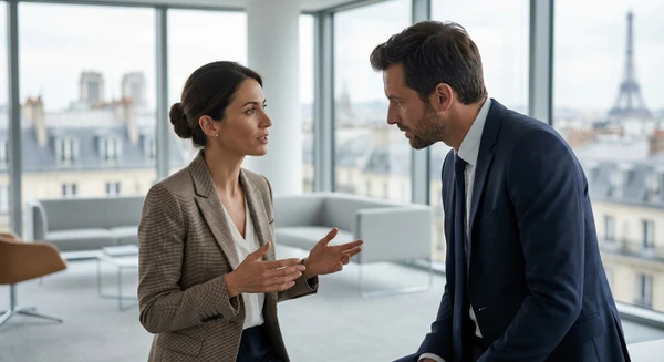 Deux professionnels en tenue professionnelle engag&eacute;s dans une conversation face-&agrave;-face intense, l'un semblant &eacute;couter activement tandis que l'autre communique avec assurance et clart&eacute;. Environnement de bureau moderne avec mobilier discret en arri&egrave;re-plan. L'image doit mettre l'accent sur la communication interpersonnelle, l'engagement et la relation de vente, illustrant les principes de persuasion et d'influence au c&oelig;ur de la m&eacute;thode DISC.